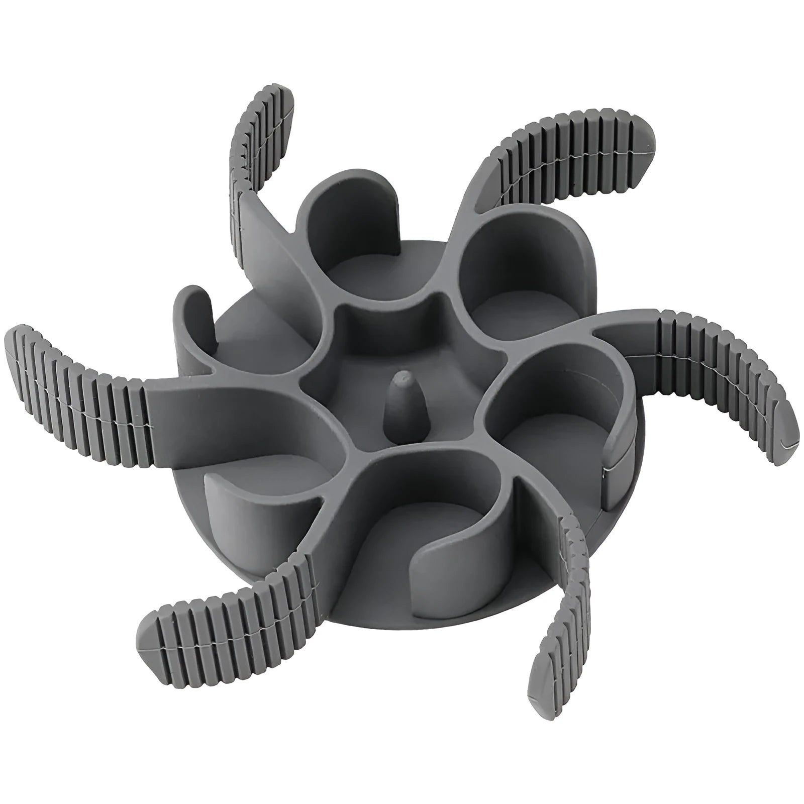 Grey silicone dog slow feeder insert with spiral design and suction cups on base