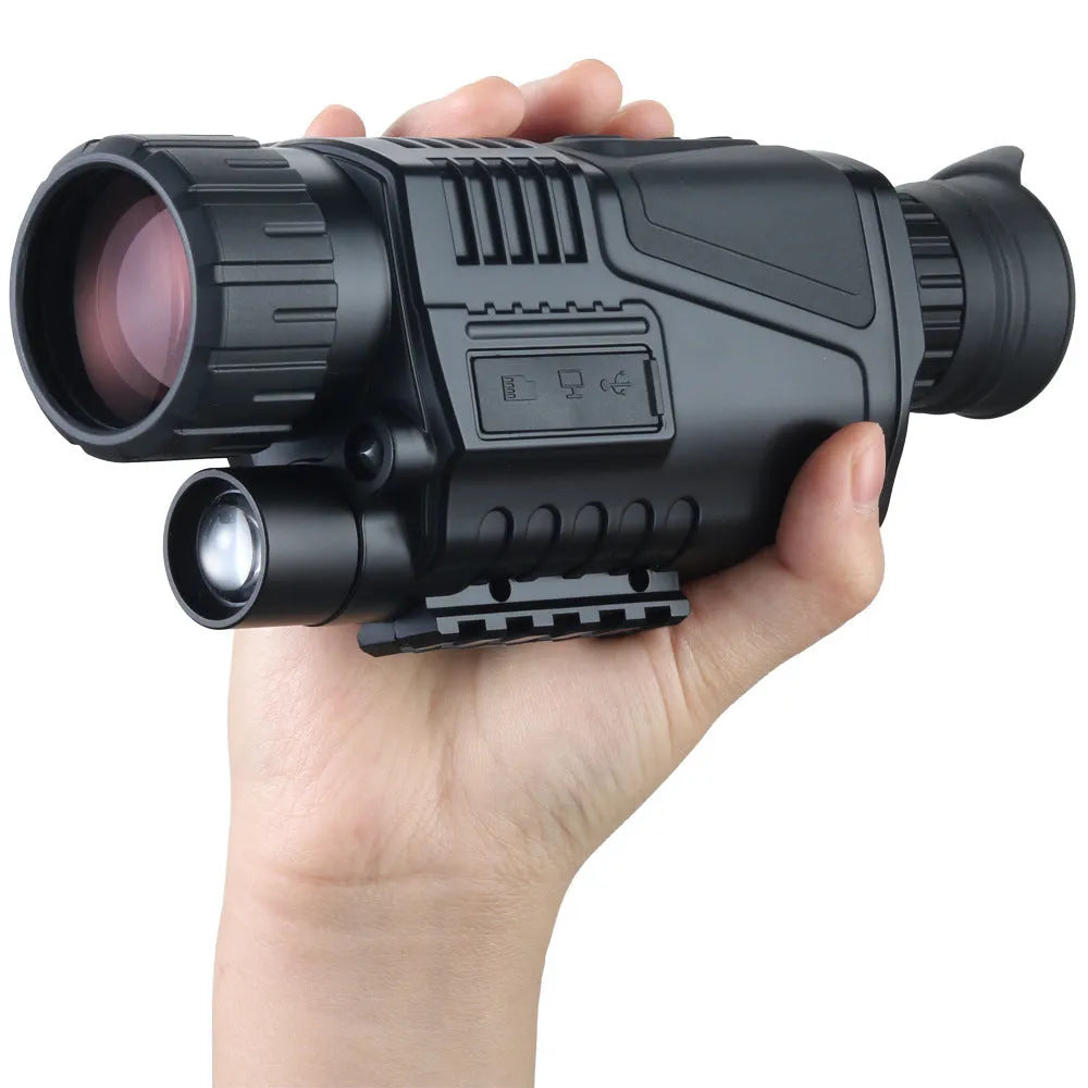 Black infrared digital night vision telescope with rubber grip, shown with storage bag and cables.