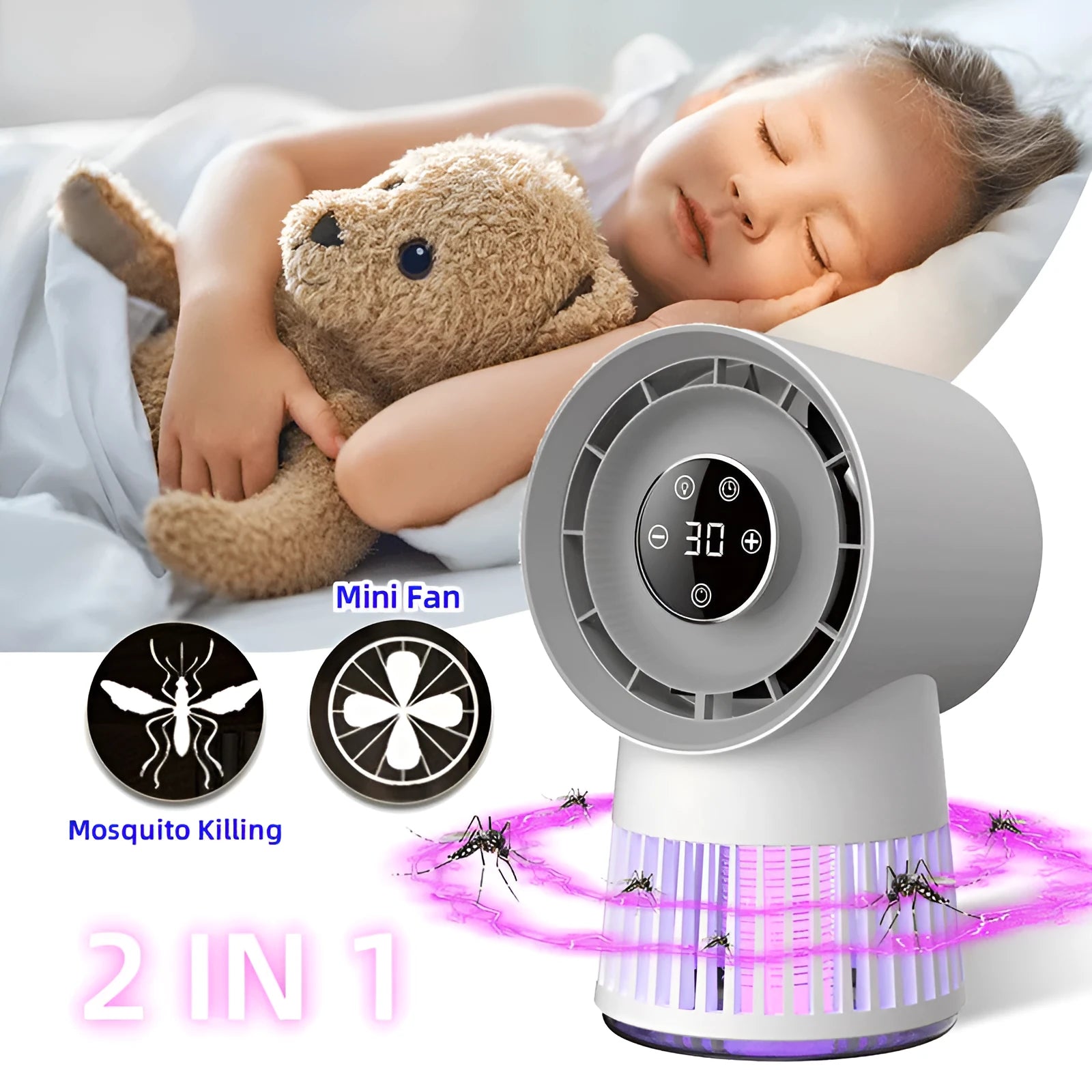 White plastic 2-in-1 mosquito killer and USB desk fan with night light, showing compact bladeless design.