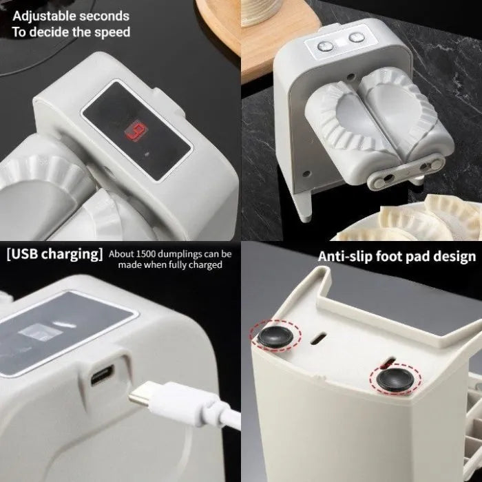 White automatic electric dumpling maker machine with charging cable, brush, and spoon.