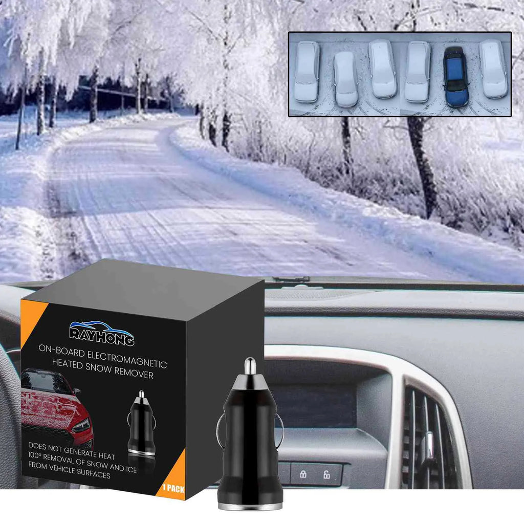 Compact black car deicer and portable charger with built-in shovel handle for windscreen scraping