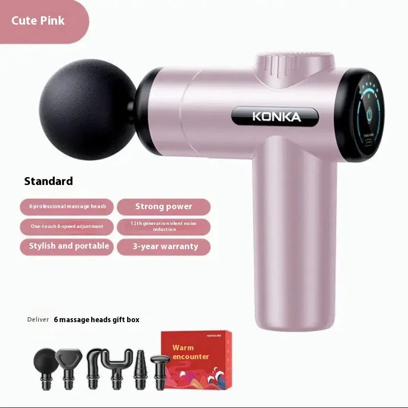 Konka professional electric mini massage gun in grey with multiple massage heads on a table
