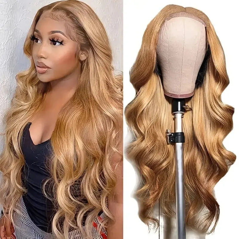 Light brown long synthetic curly wig with big waves and side bangs shown at medium length