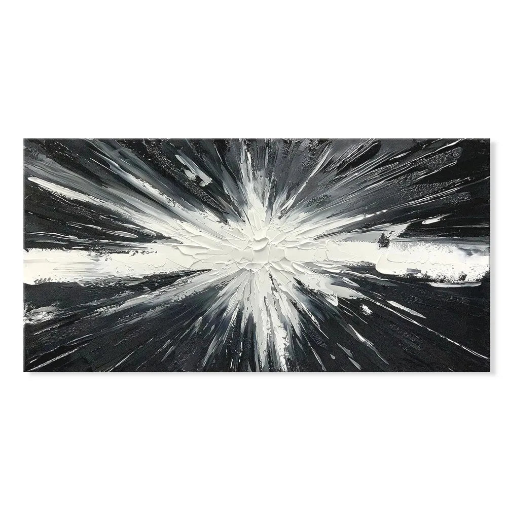 Abstract hand painted oil painting on canvas, black and white texture, horizontal orientation, for living room wall decor