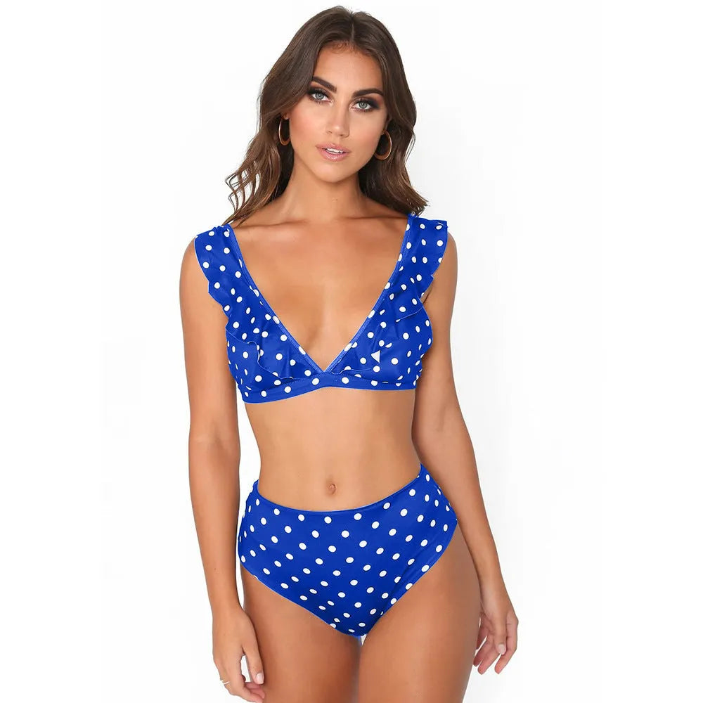 Black and white polka dot print bikini set with deep V-neck top and ruffled design