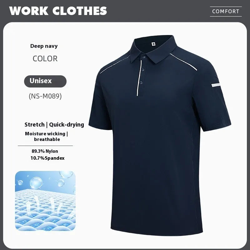 Men's solid colour quick-dry polo shirt in nylon blend fabric on a hanger.