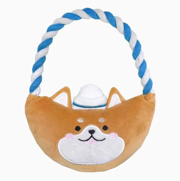 Bite-resistant plush dog toy with handle in a small Shiba Inu shape measuring 23cm