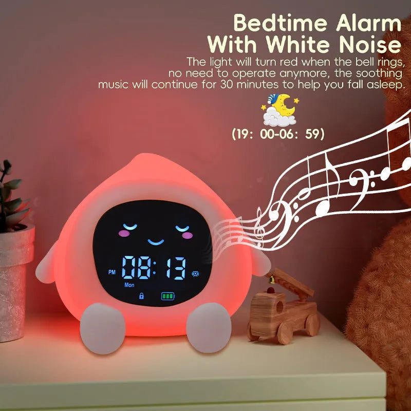 Cartoon lychee alarm clock with white noise feature, silicone shell in litchi colour, and mobile phone holder