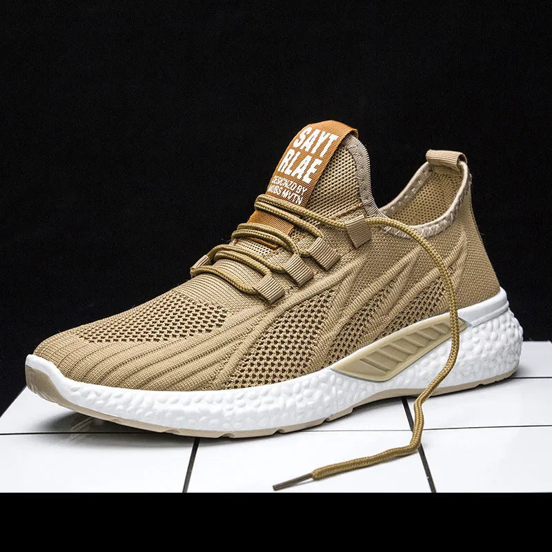 Men Flying woven mesh sneakers in male black, breathable lightweight casual shoe with non-slip plastic sole