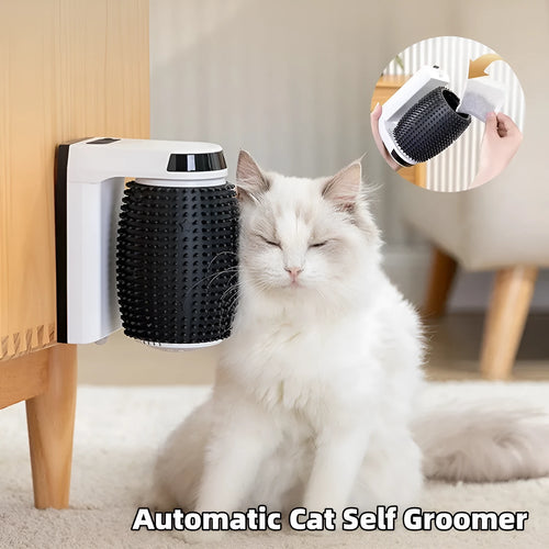 White automatic cat self grooming brush mounted in corner with silicone bristles