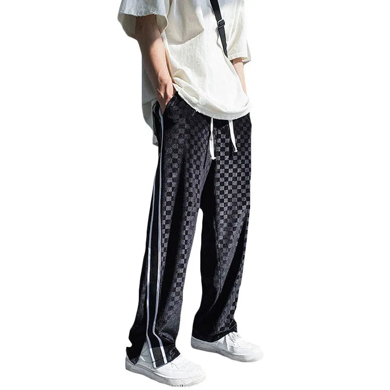 Falling Sense straight loose fit wide leg casual polyester trousers in grey, front view