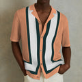 Men's striped contrast colour knitwear top in dark blue with short sleeves and flocking texture, regular fit leisure wear