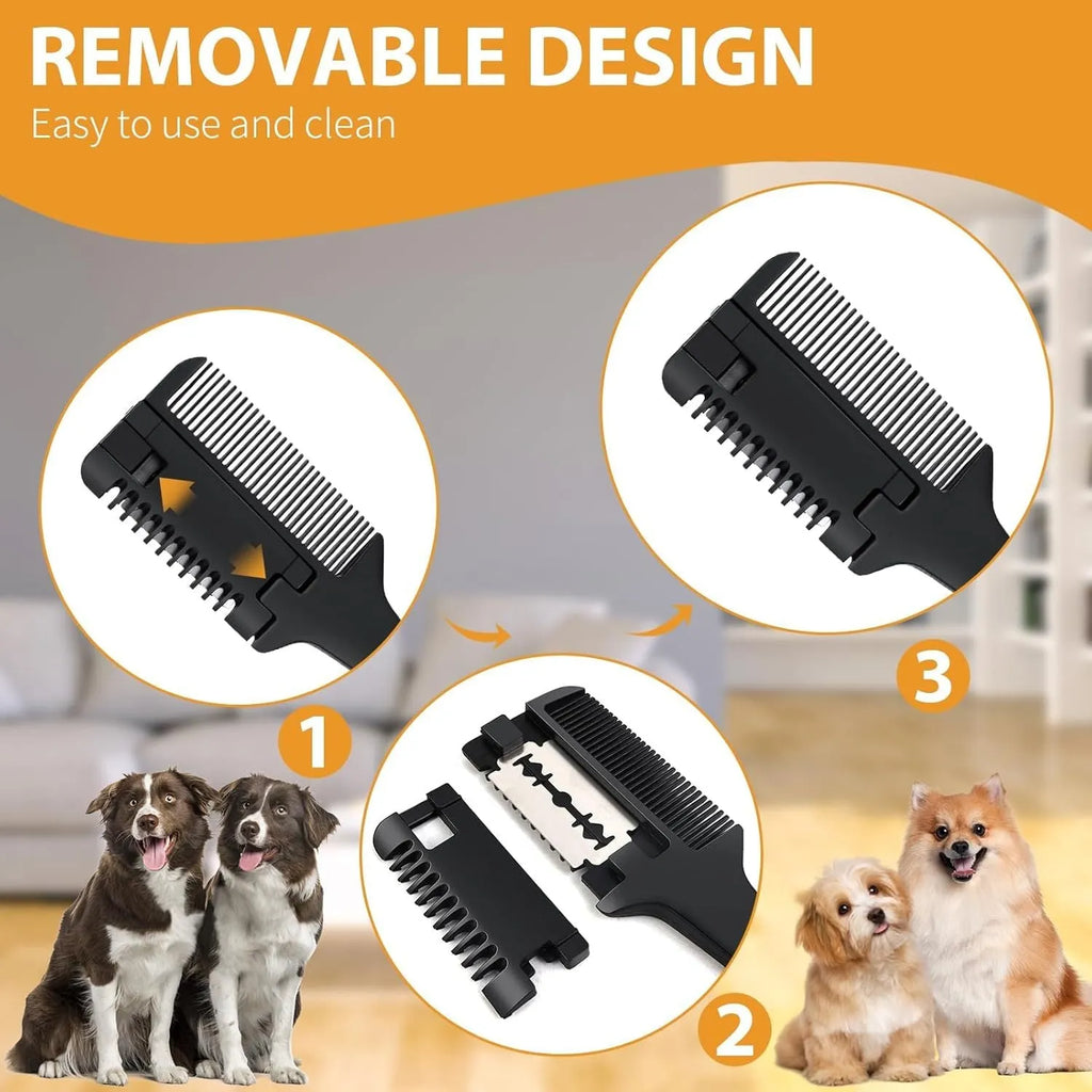 Stainless steel pet razor comb with detangling teeth and trimming blade, shown with spare blades.