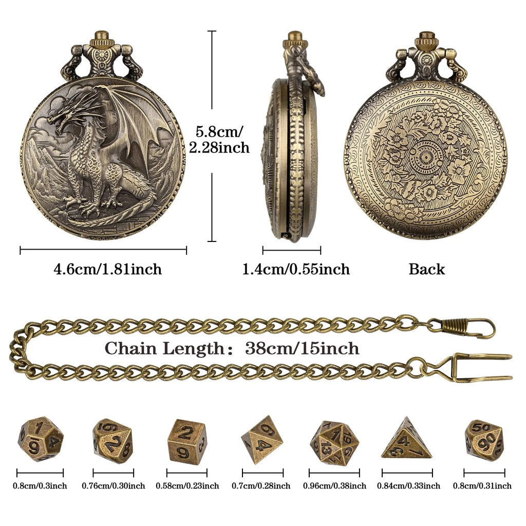 Bronze dice set with 3D carved pocket watch showing seven polyhedral metal dice inside zinc alloy case