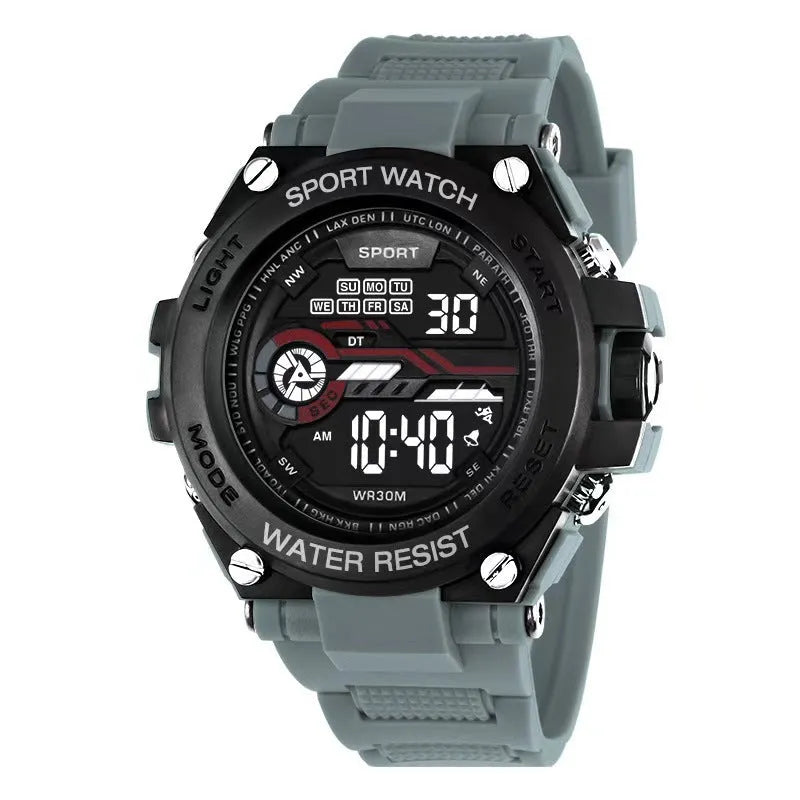 Fashion electronic watch for teenagers available in 10 colours including black, blue, pink, white, green, purple, red, yellow, orange, and silver