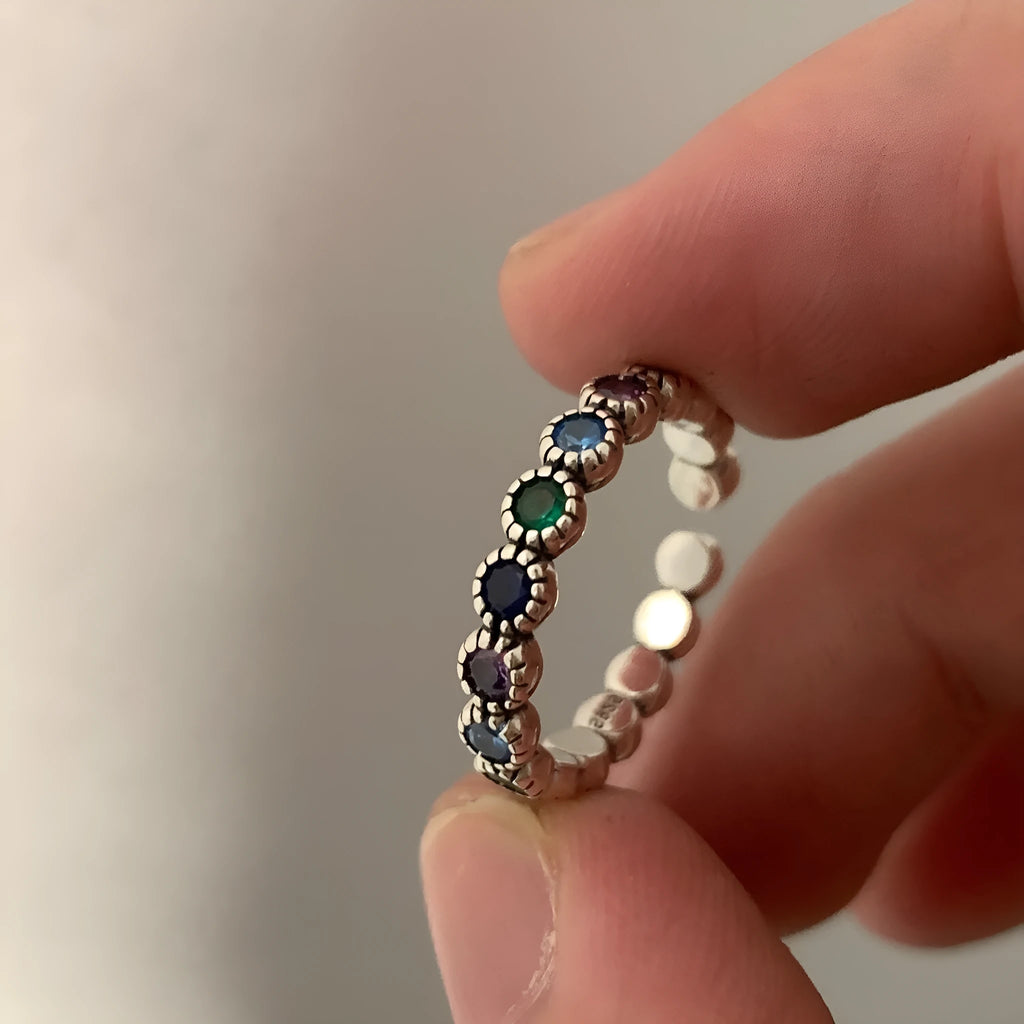 Women's geometric zircon ring with adjustable opening in retro silver colour