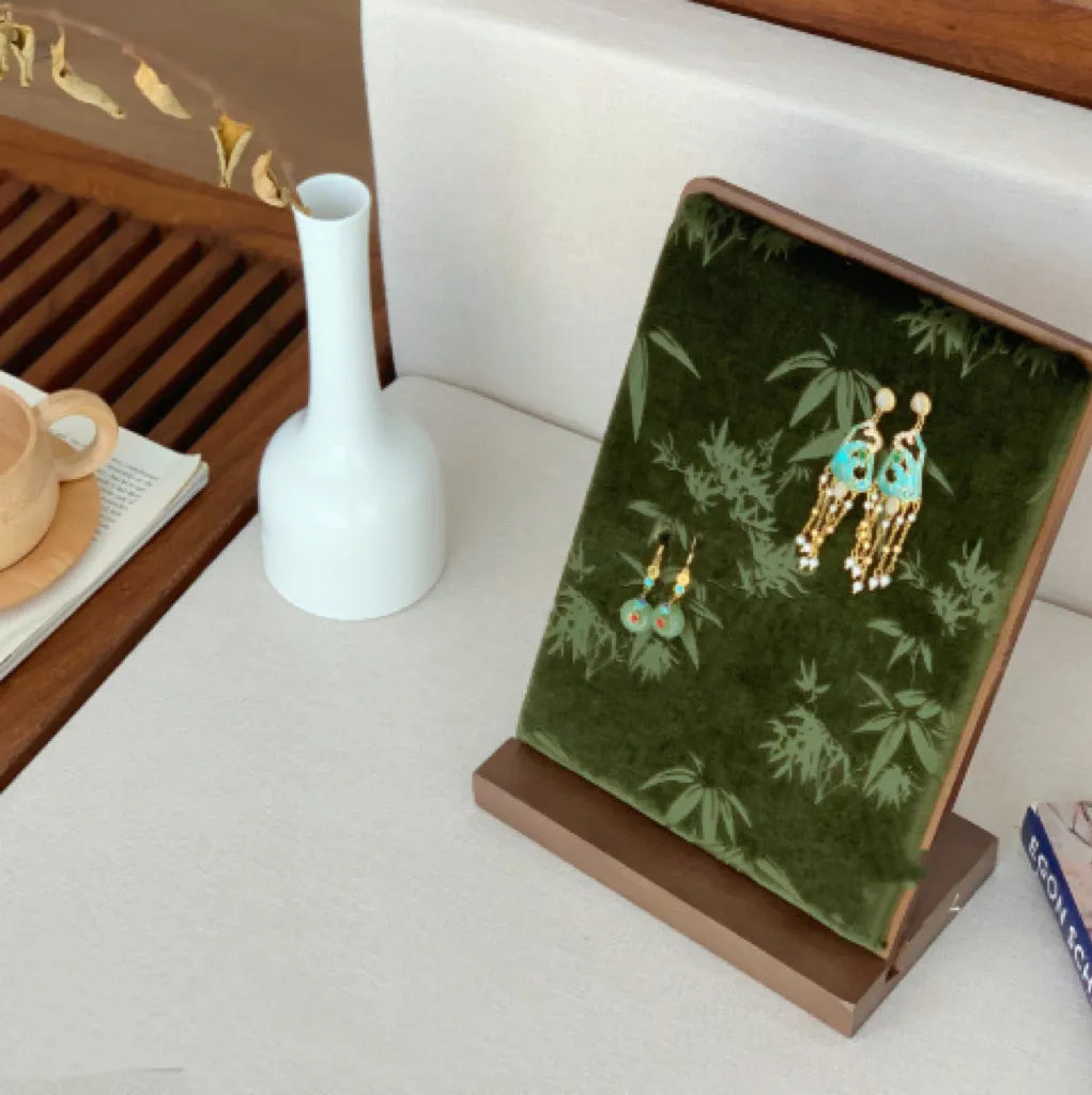 Solid wood walnut necklace display stand with ink painting bamboo design jewellery rack