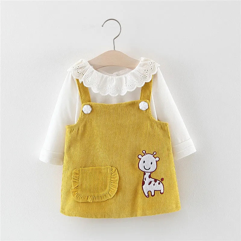 Baby girl cotton dress set with long sleeves and suspender style, featuring animal and cartoon prints in solid colour