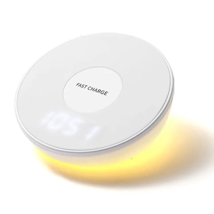 White 10W QI wireless charging pad with digital clock display and alarm functions