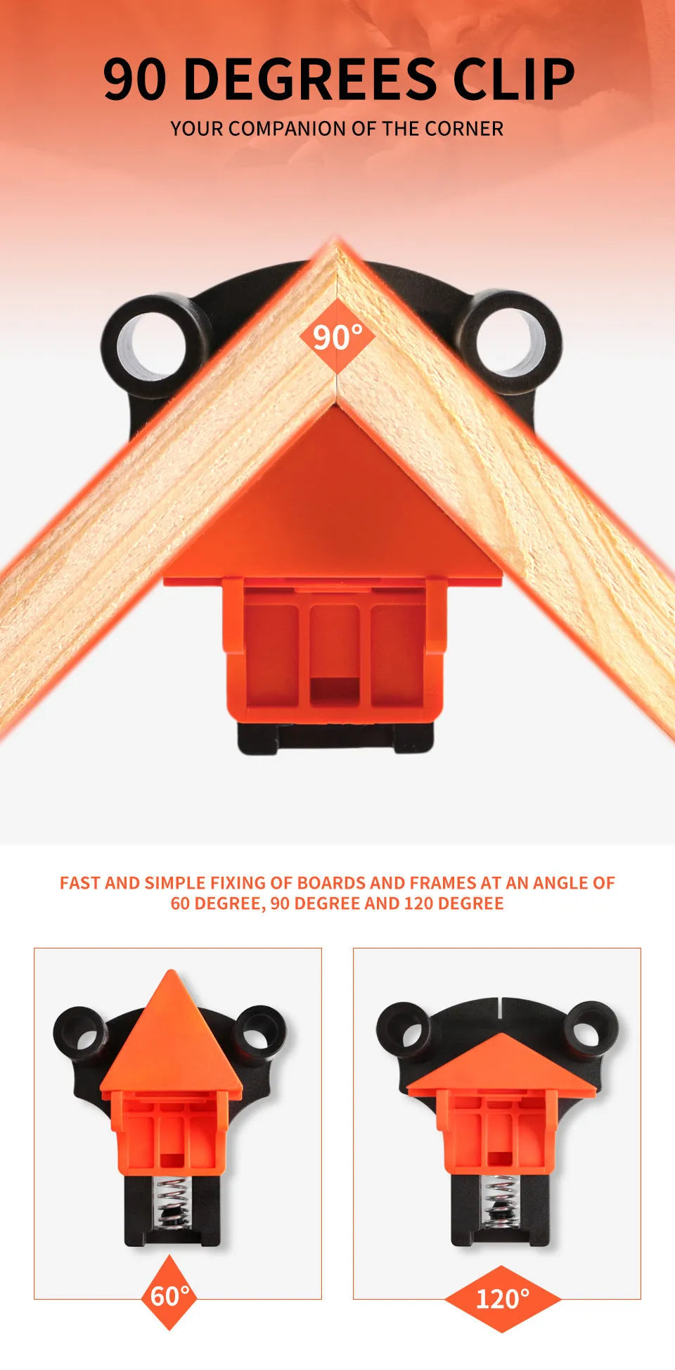 Set of four white plastic right angle clamps for picture frame assembly on a wooden surface.