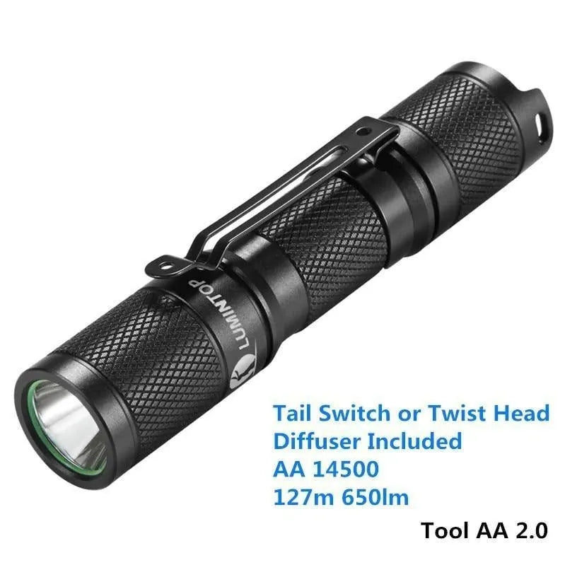 Black Lumintop Tool AA 2.0 keychain flashlight with magnetic tail cap and diffuser accessory