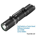 Black Lumintop Tool AA 2.0 keychain flashlight with magnetic tail cap and diffuser accessory