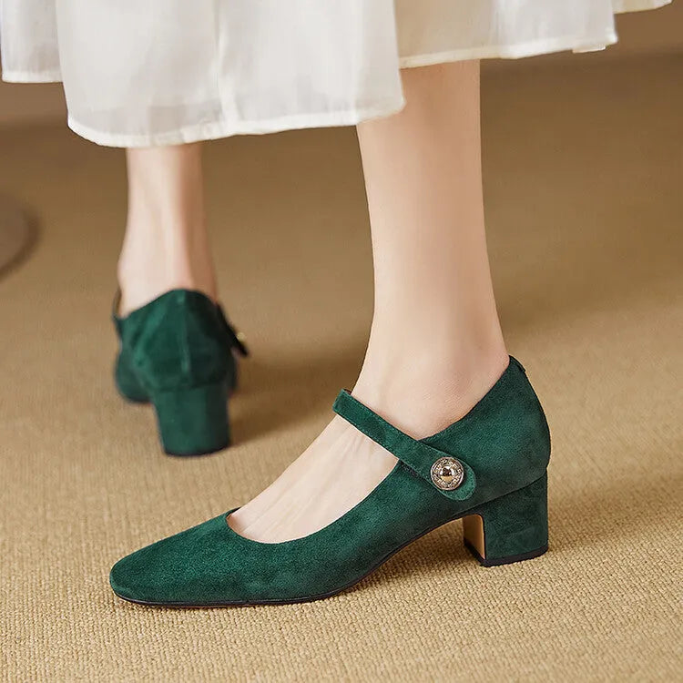 Women's black suede Mary Jane shoes with chunky heel and square toe bracket on white background