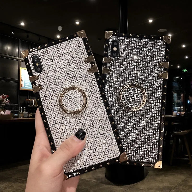 Square TPU mobile phone case with flash diamond bracket in multiple colour options