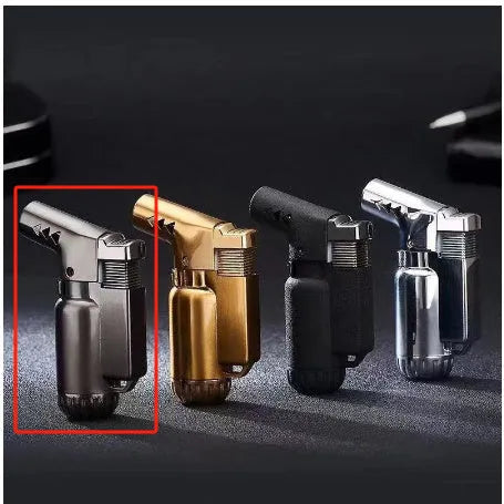 HB805-1 full metal windproof lighter in black, gold, grey, and silver colour options.