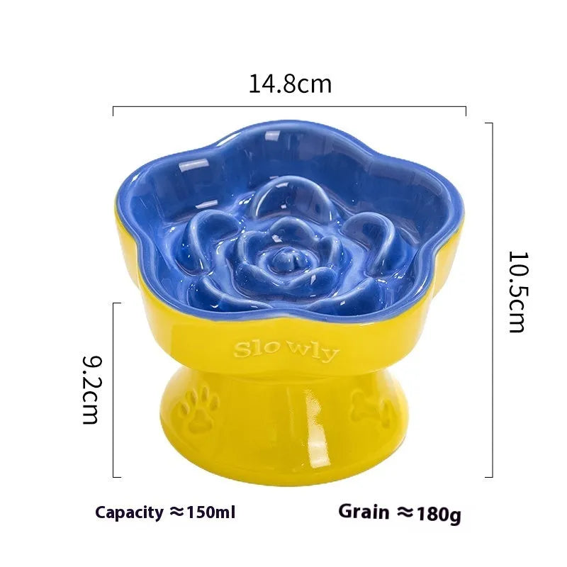 Black ceramic pet bowl with a high foot and neck protector to prevent tipping, shown with flat and slanted rim options.