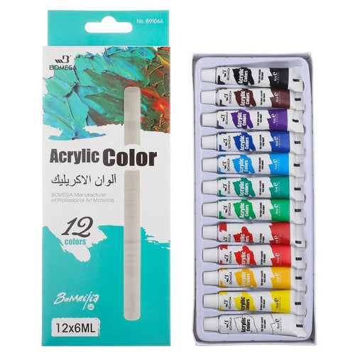 Set of 12 tube acrylic paints for watercolour, gouache, and oil painting techniques.