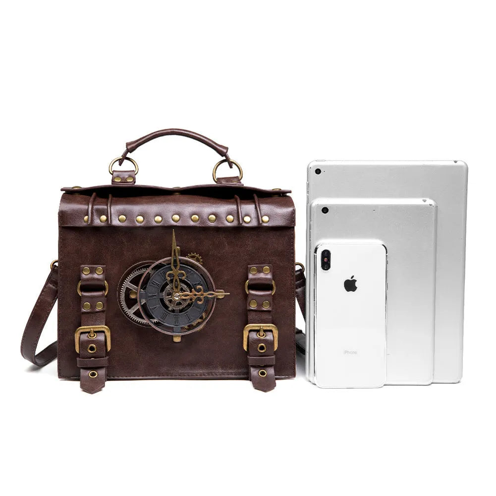 Bronze steampunk industrial retro style shoulder bag with horizontal pillow design and metal decorative elements