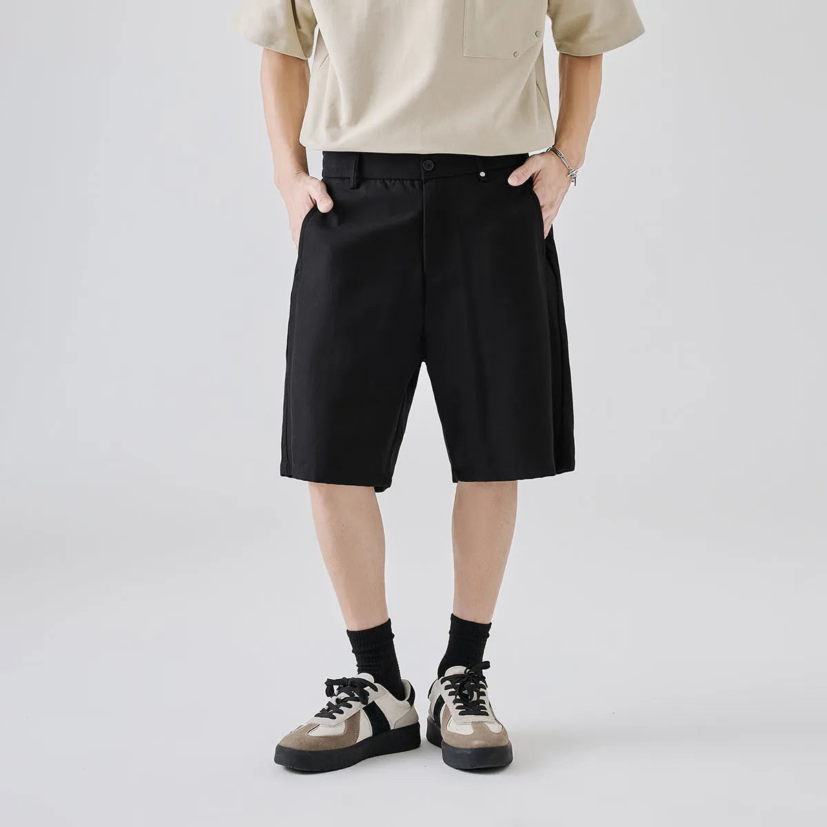Men's lyocell casual shorts in apricot colour with loose fit design and elastic waistband