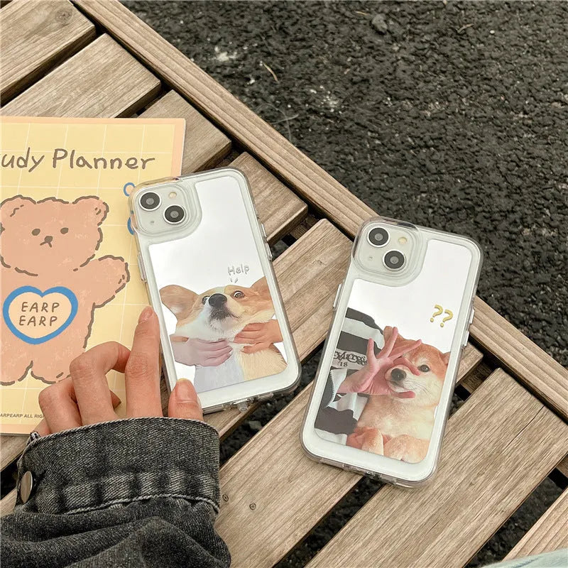 Mirror acrylic phone case with funny pet dog and cat design for iPhone, anti-fall protective back cover