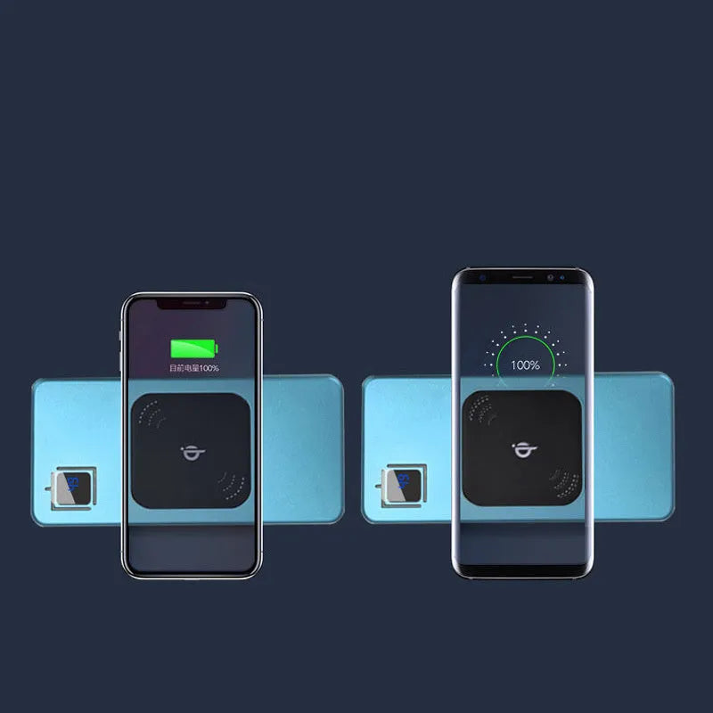 Silver alloy portable power bank with LCD display showing battery percentage.