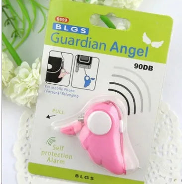 Blue compact personal security alarm clipped to a handbag, 6cm x 3cm, 90dB siren