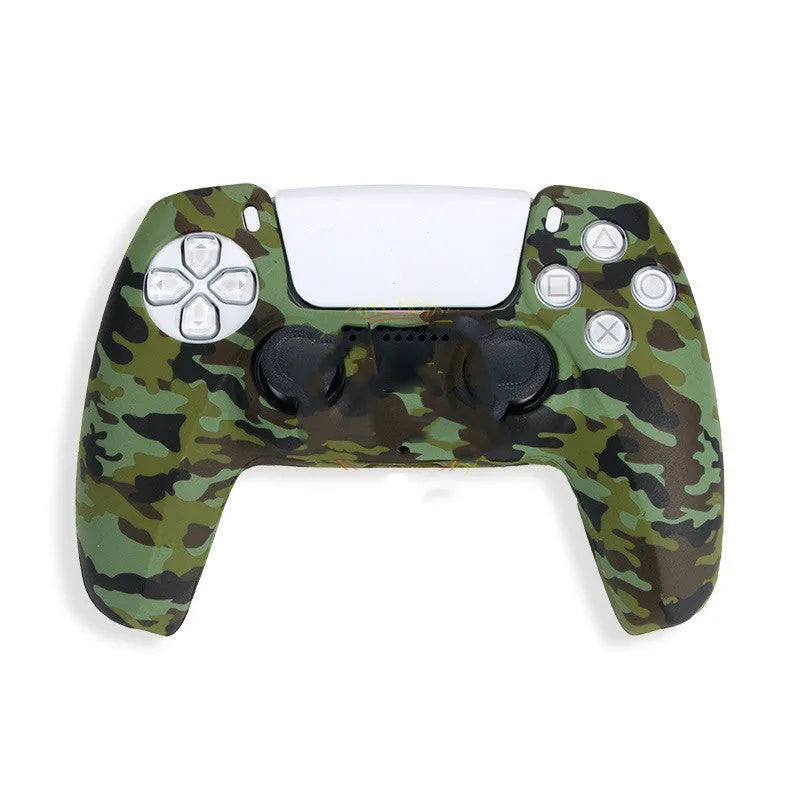 Camouflage patterned silicone grip case fitted on a black Sony PS5 DualSense controller.