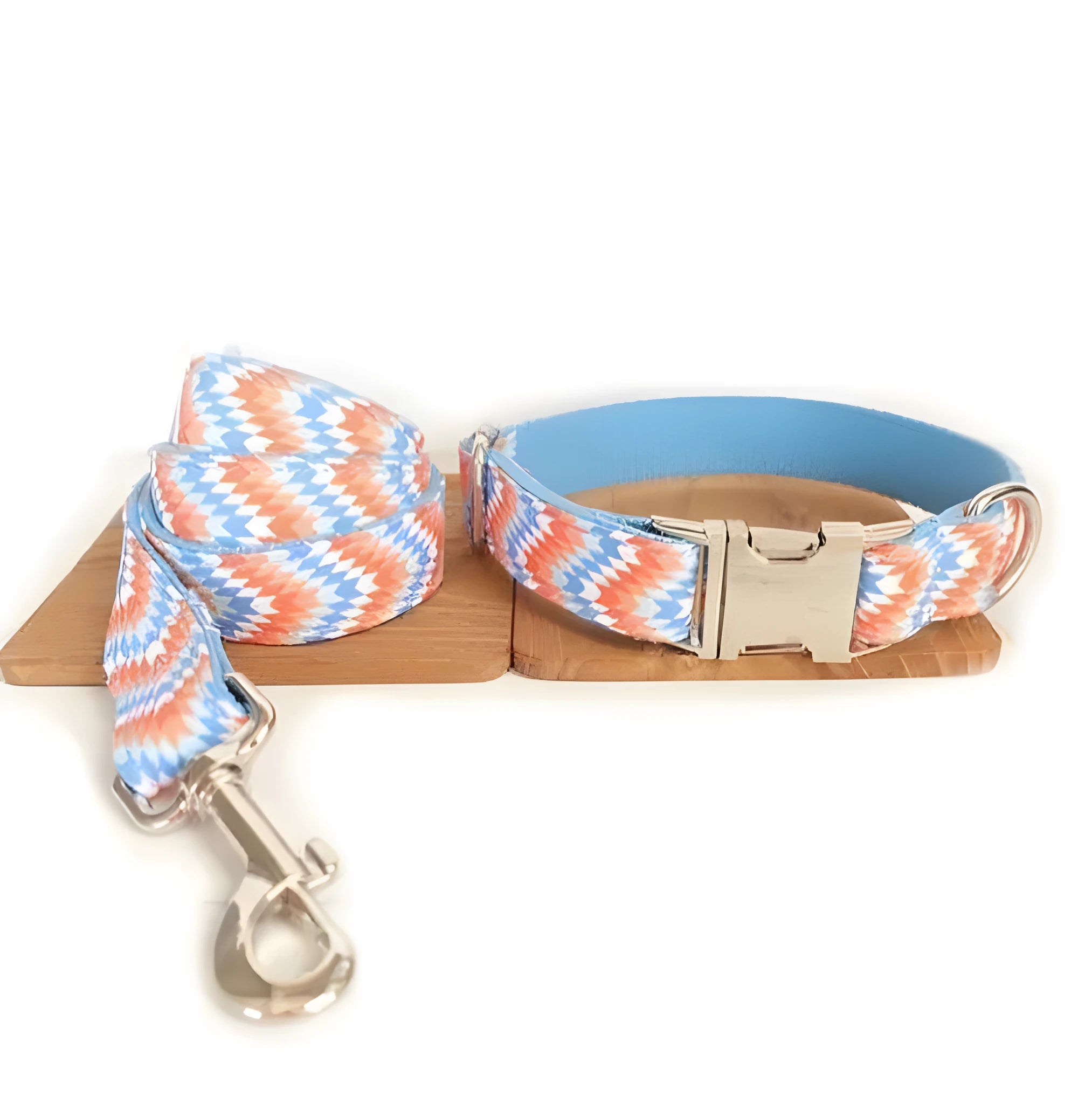 Orange and blue polyester money loop dog leash set on a white background