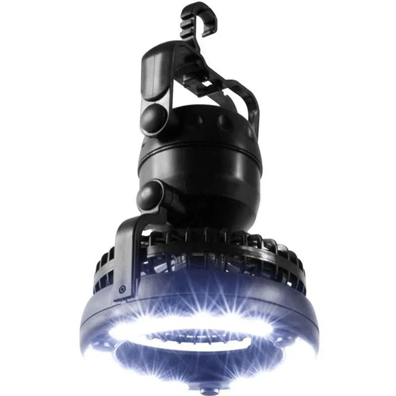 Camp fan lamp with 18 LED white light and hook, ABS body, 167 x 184 mm, black