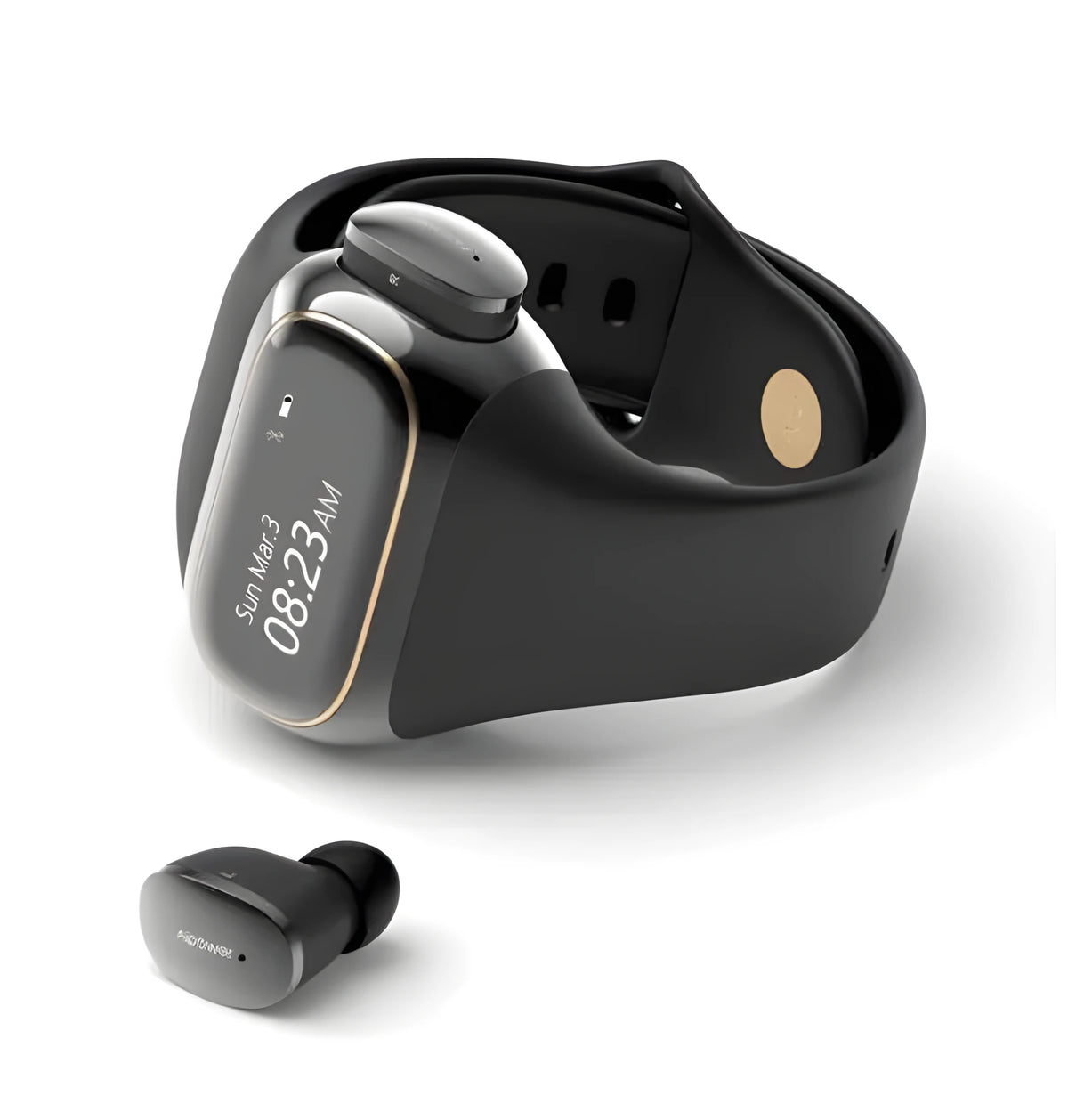 2 in 1 wireless earphone bracelet in black with silicone band and earbuds on wrist