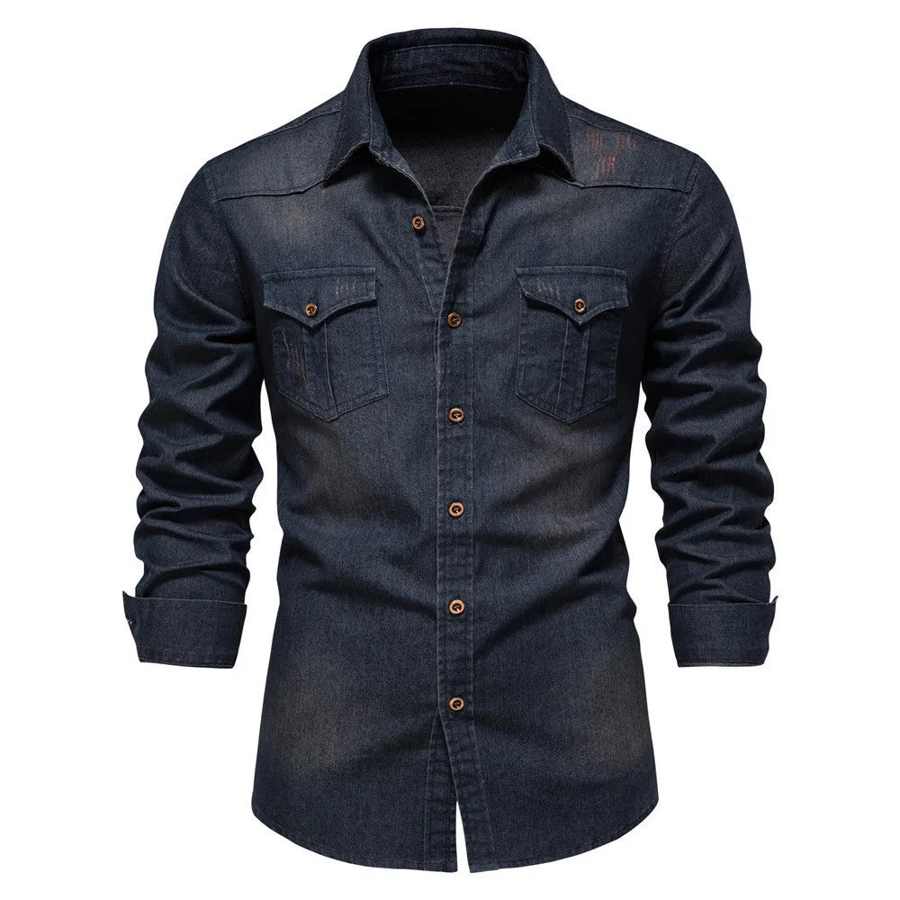 Men's slim fit long sleeve denim shirt in a solid colour on a hanger.