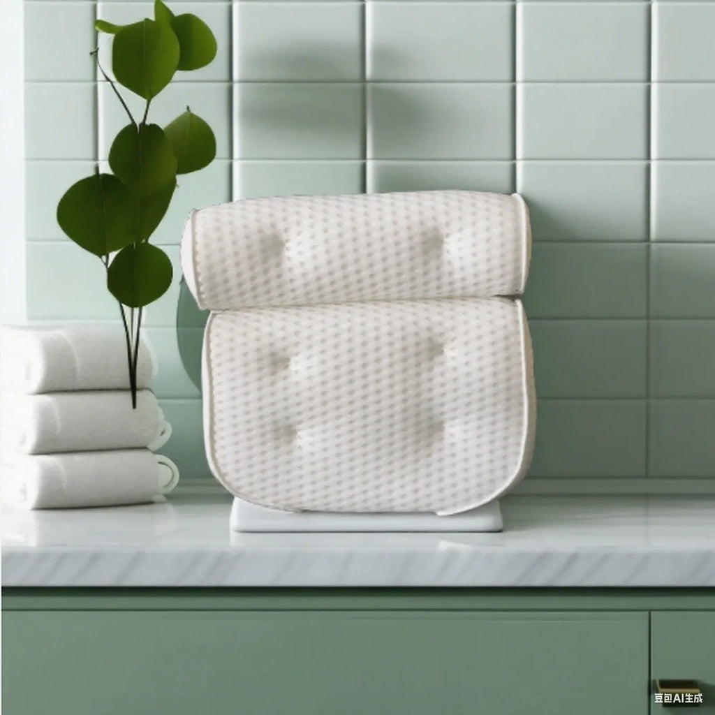 White 4D mesh bathtub pillow with 7 upgrade suction cups, 37X34X10cm