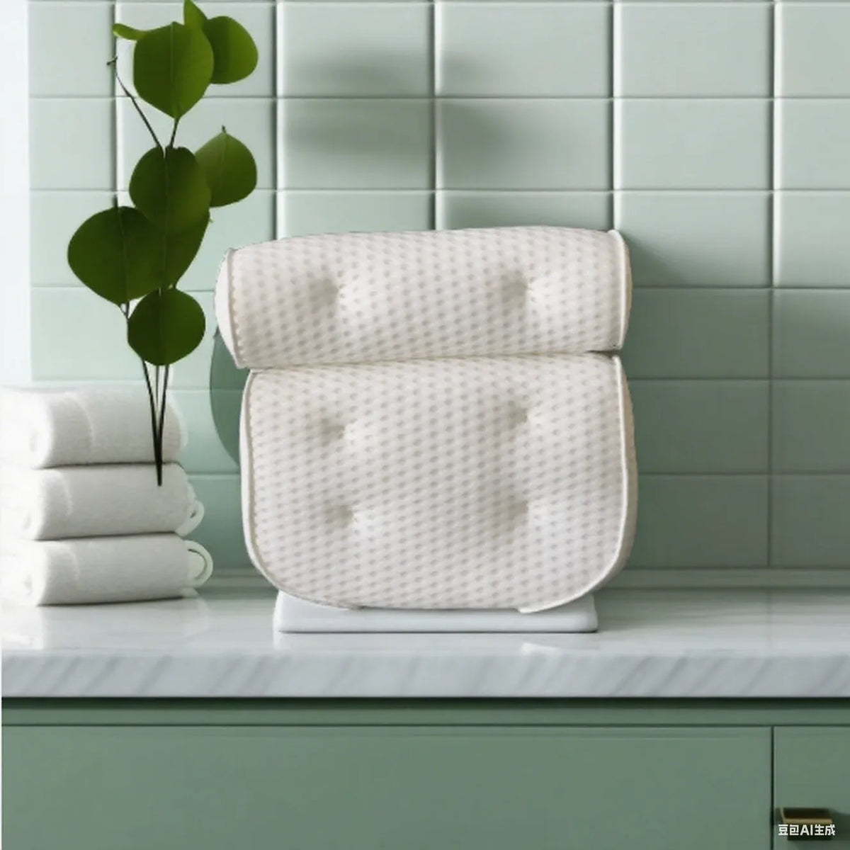 White 4D mesh bathtub pillow with 7 upgrade suction cups, 37X34X10cm