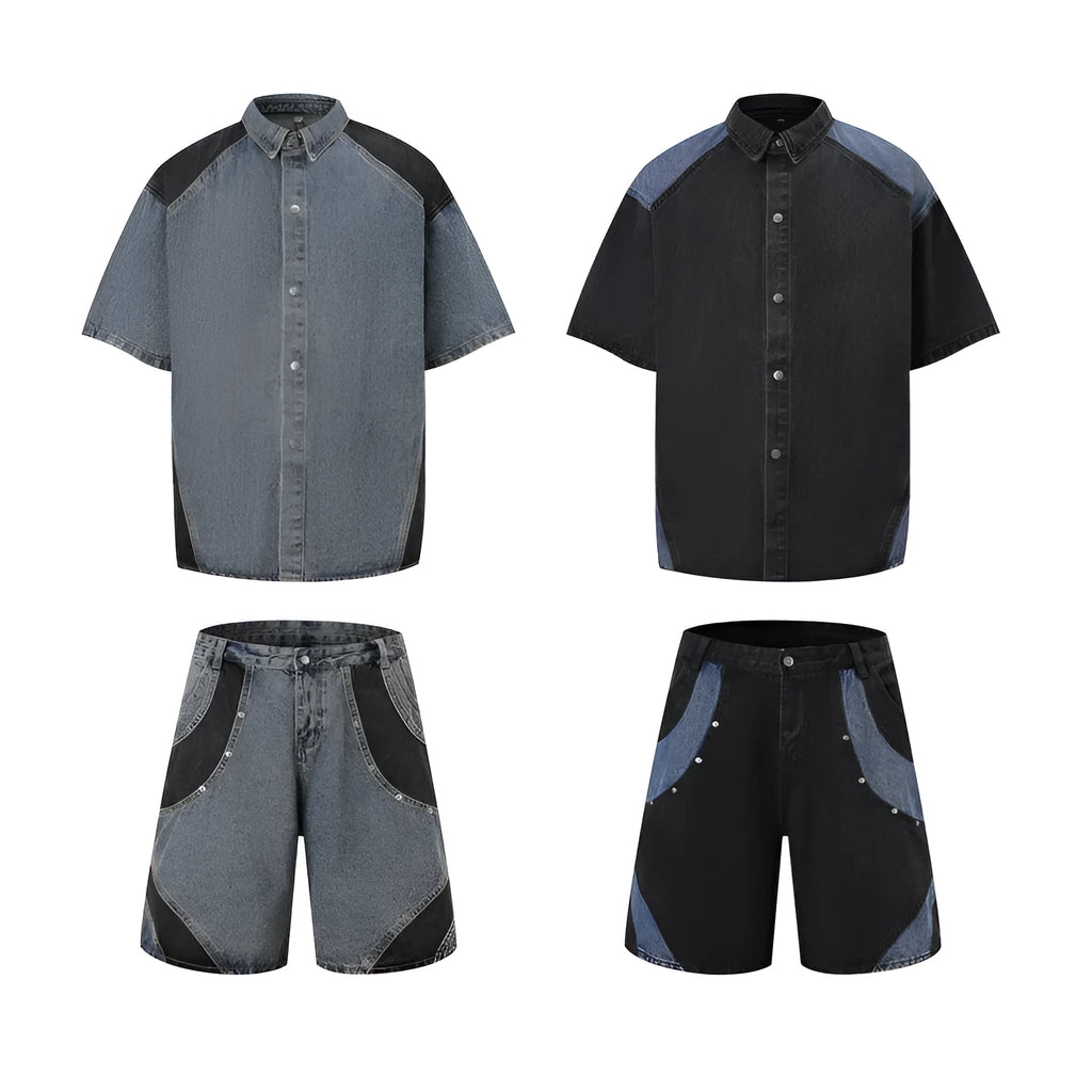 Retro washed denim suit set with short-sleeved shirt and matching trousers in black colour