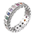 S925 sterling silver adjustable lace ring with rainbow zircon stones on a white background.