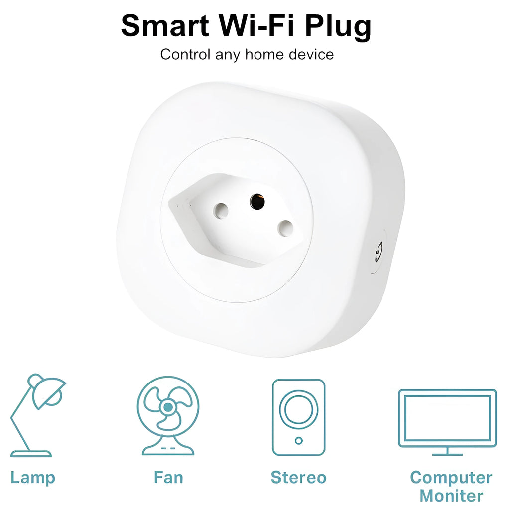 Smart Wi-Fi socket plug with voice control in compact white housing showing plug pins