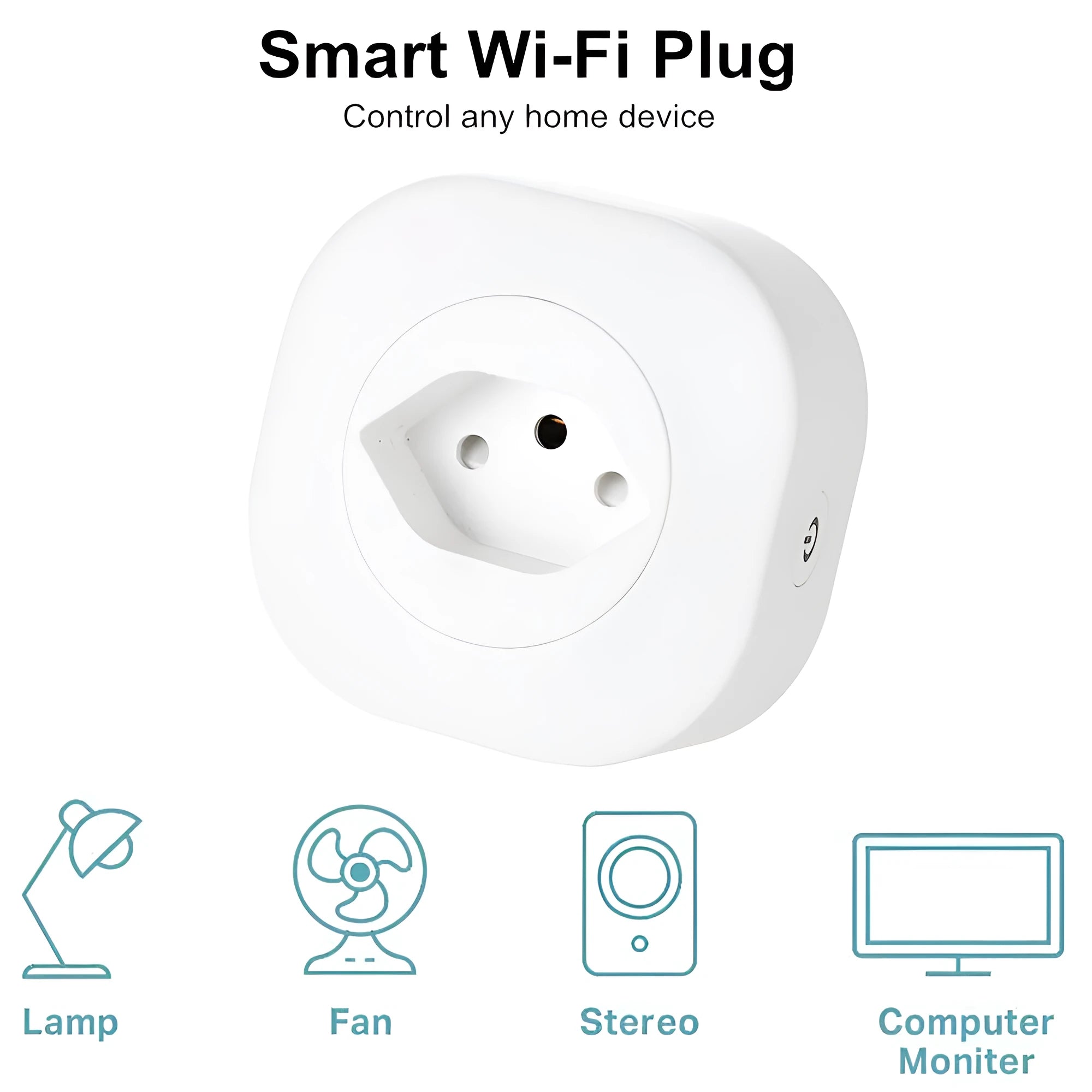 Smart Wi-Fi socket plug with voice control in compact white housing showing plug pins