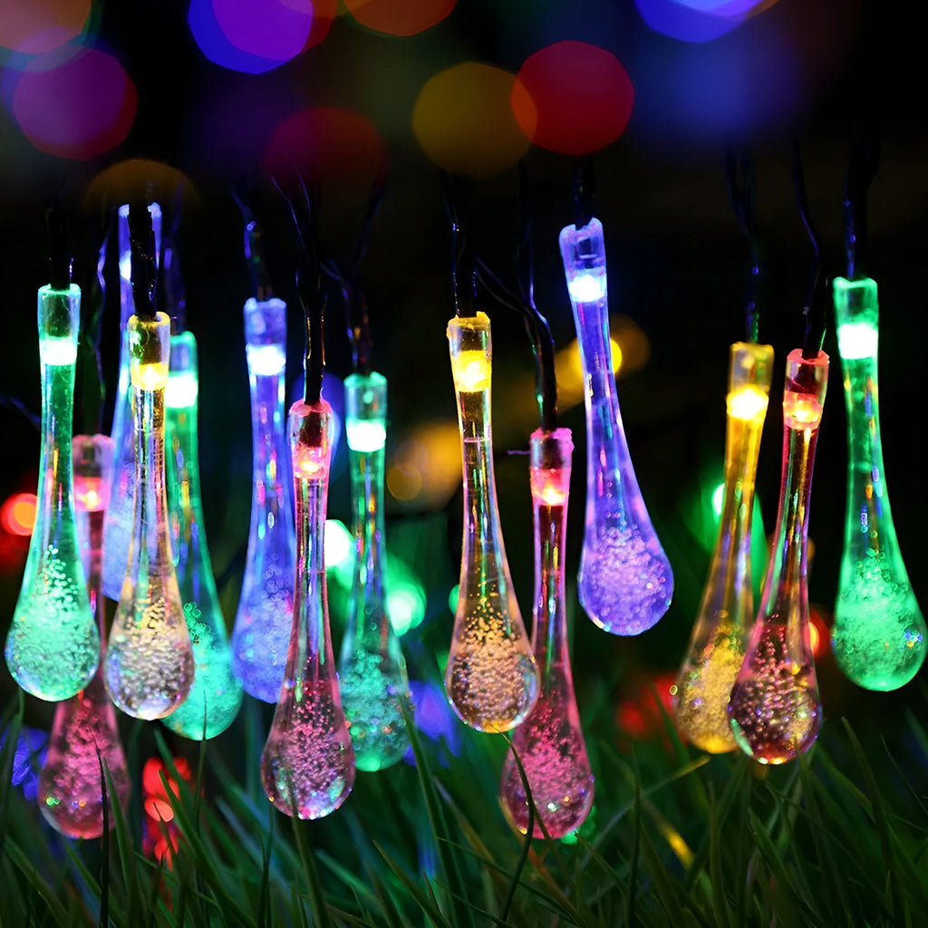 Solar-powered LED outdoor string lights with water drop-shaped pendants on a 6.5m cable
