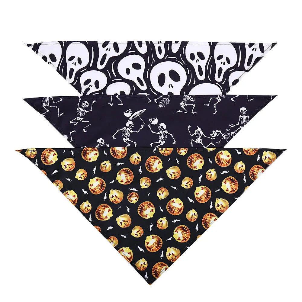 Halloween dog slobber scarf polyester triangle towel skull print M size 63x43x43cm Style 1