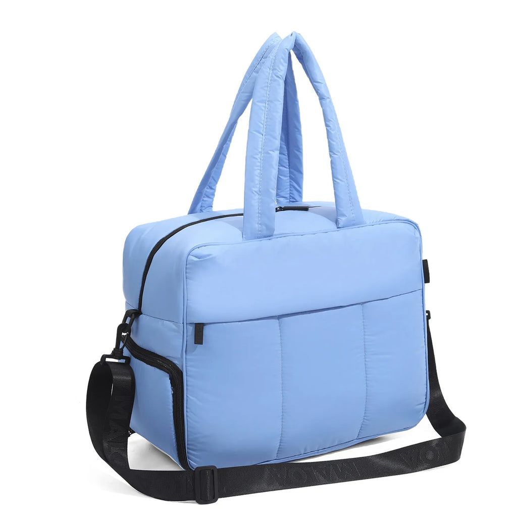 Nylon travel duffle bag with shoes compartment for women, solid colour, shoulder carry style